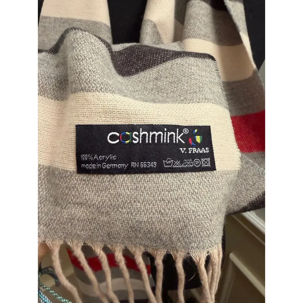 V Fraas Cashmink Scarf Made Germany Striped Red Gray Cream Fringed Wrap Acrylic